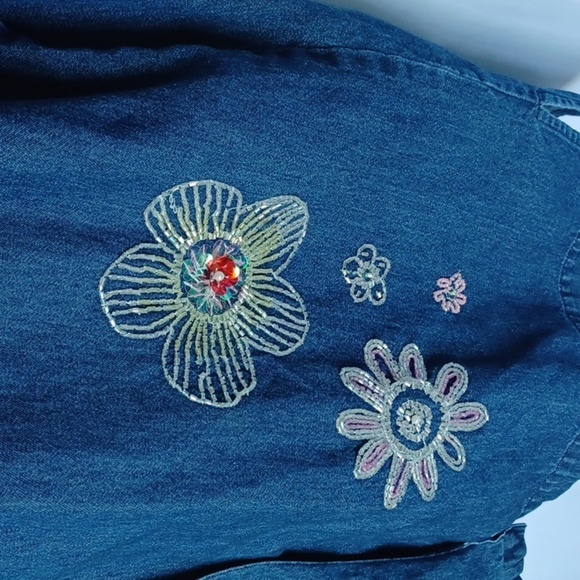 New Direction Beaded Embroidered Denim button-down Short Sleeve shirt, L - Picture 3 of 7
